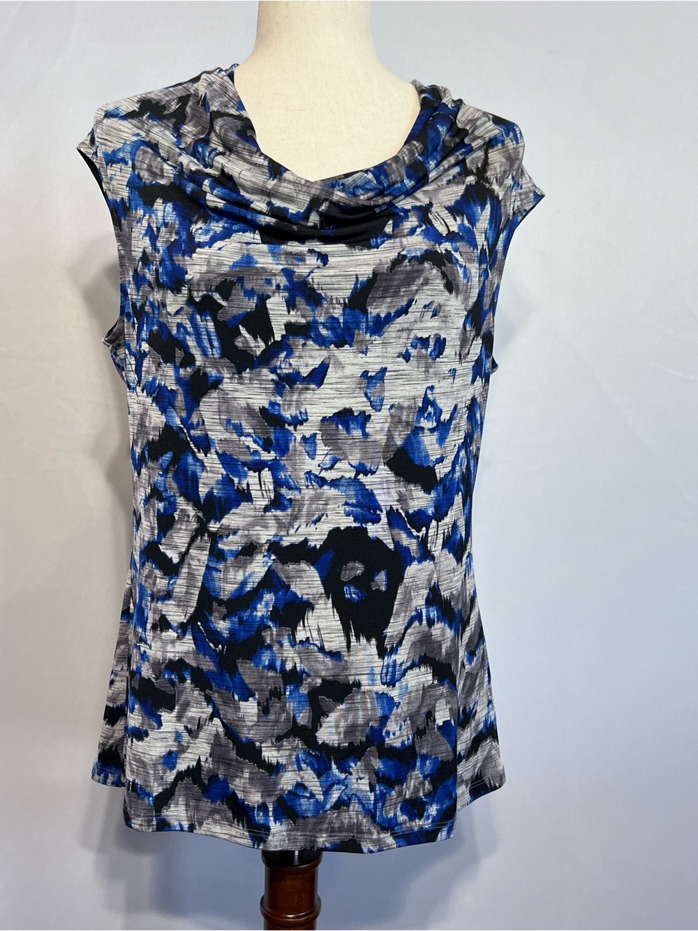 Kasper Blue and Gray Abstract Cowl Neck Tank